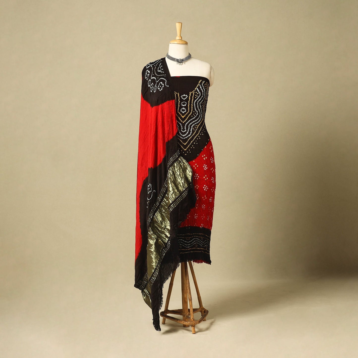 Red 3pc Modal Silk Unstitched Kutch Bandhani Dress Material