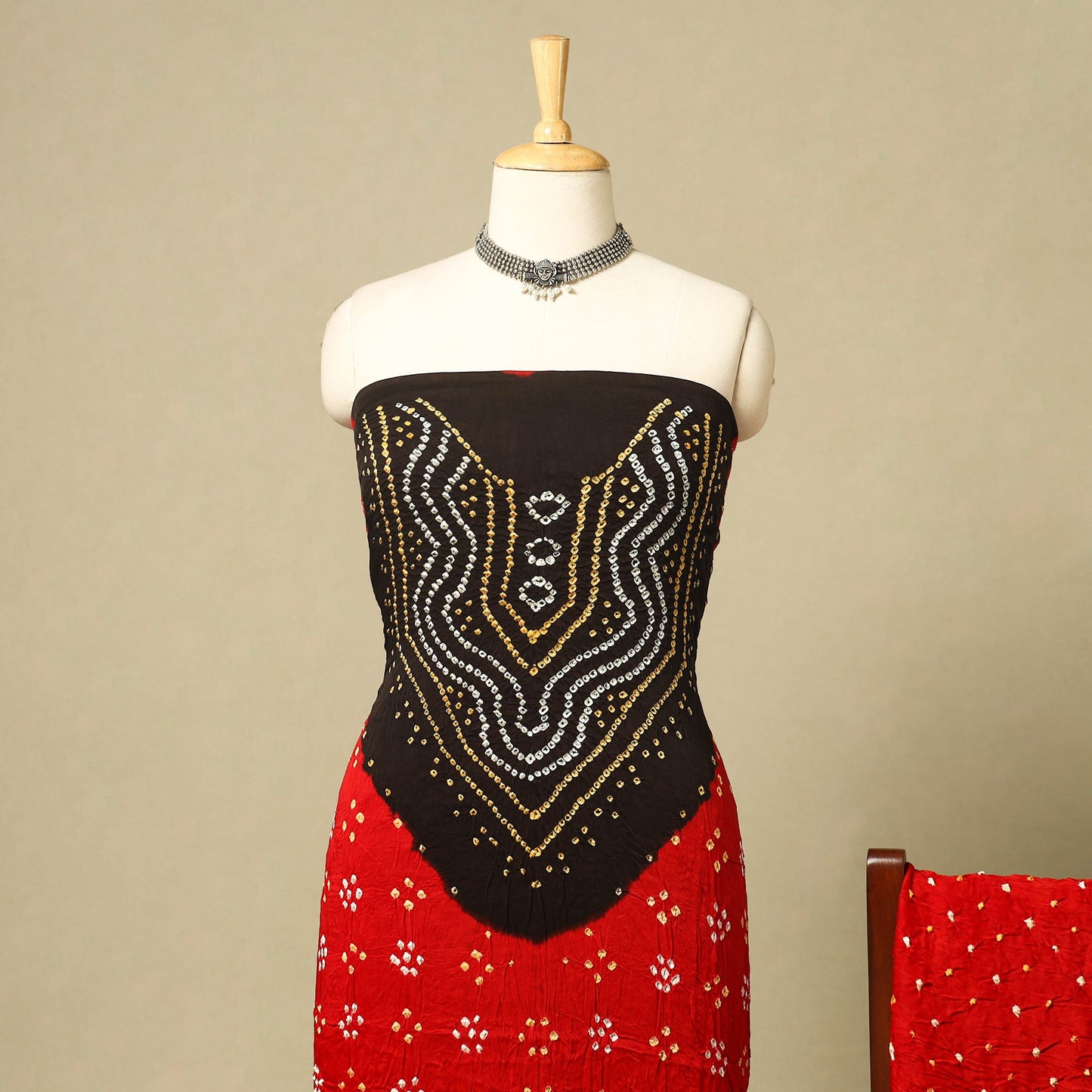 Red 3pc Modal Silk Unstitched Kutch Bandhani Dress Material