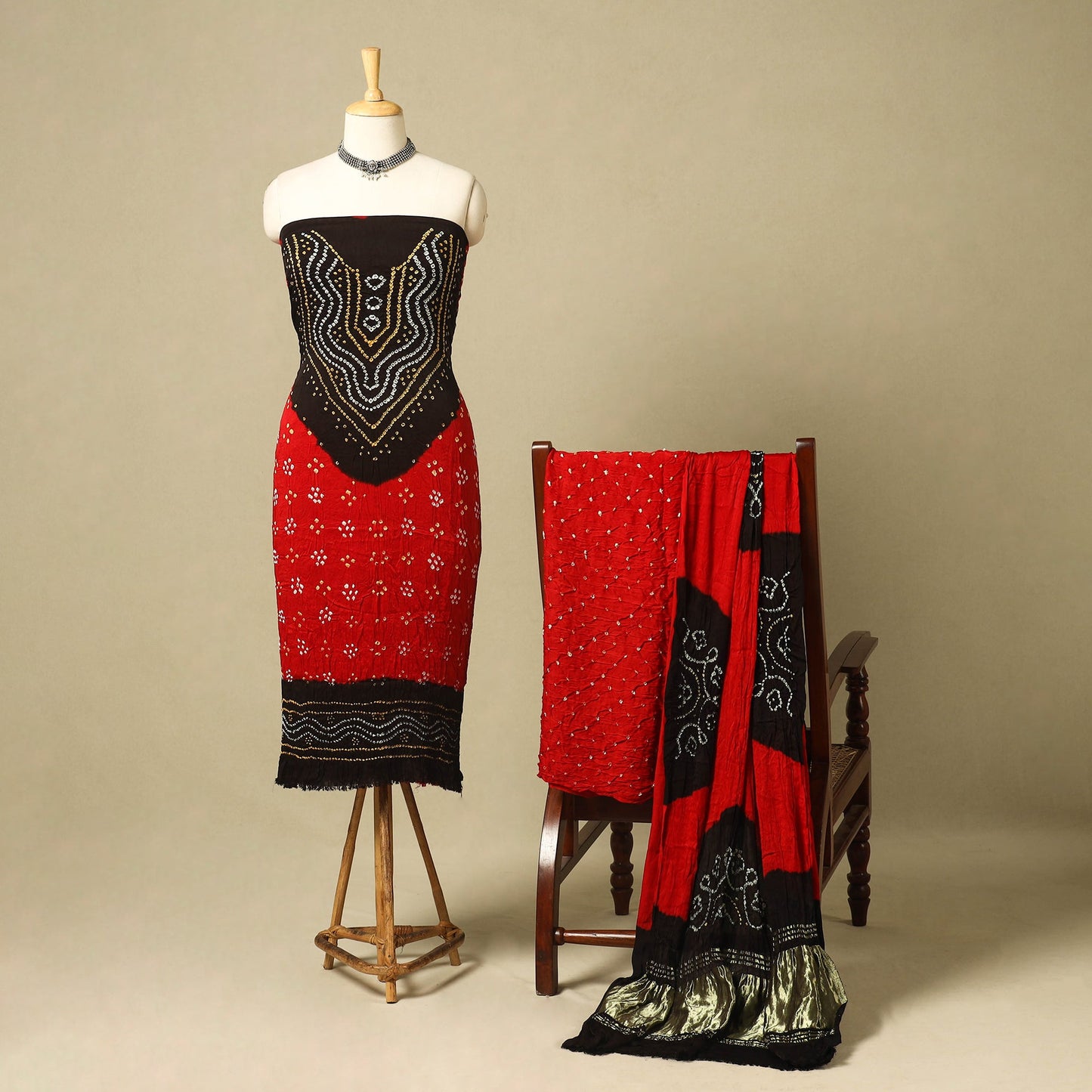 Red 3pc Modal Silk Unstitched Kutch Bandhani Dress Material