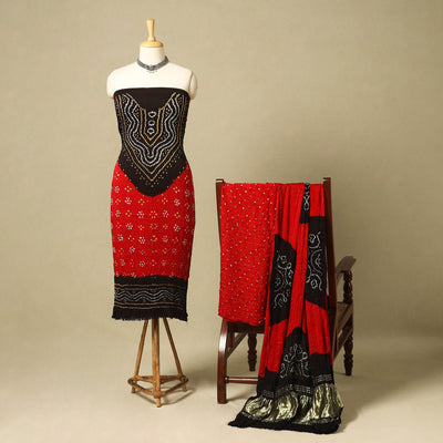 Red 3pc Modal Silk Unstitched Kutch Bandhani Dress Material