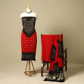 Red 3pc Modal Silk Unstitched Kutch Bandhani Dress Material