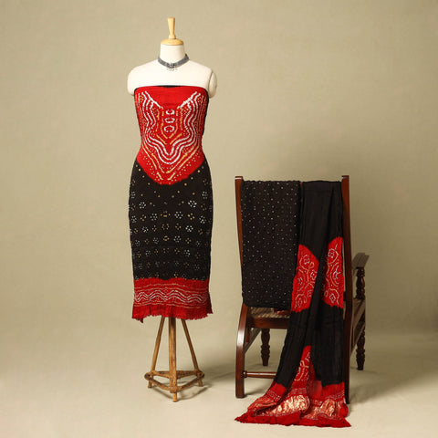 Red 3pc Modal Silk Unstitched Kutch Bandhani Dress Material