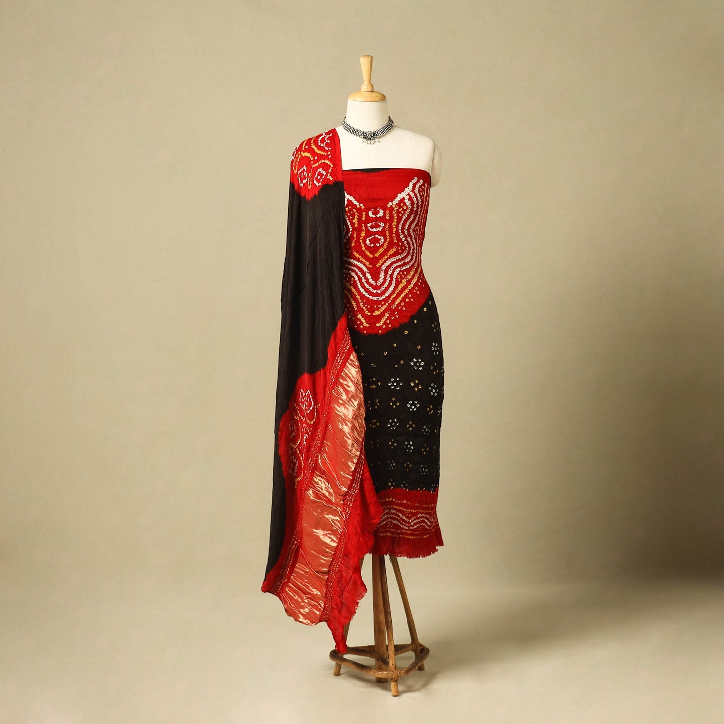 Red 3pc Modal Silk Unstitched Kutch Bandhani Dress Material