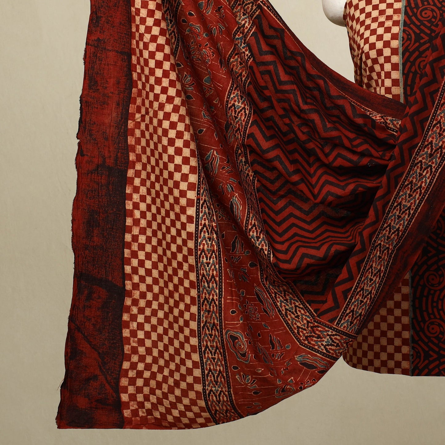 Buy 3pc Red Block Print Cotton Ajrakh Dress Material