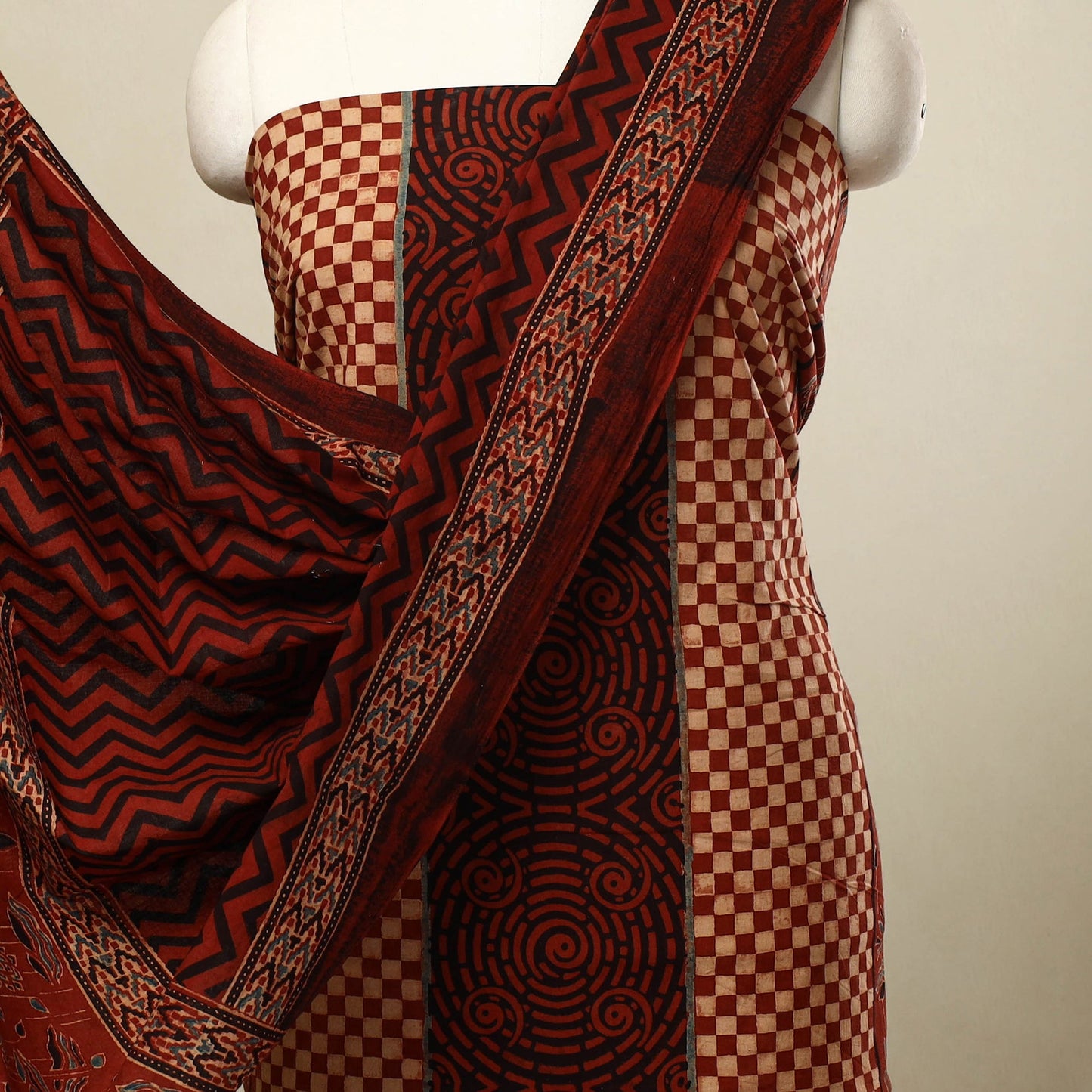 Buy 3pc Red Block Print Cotton Ajrakh Dress Material