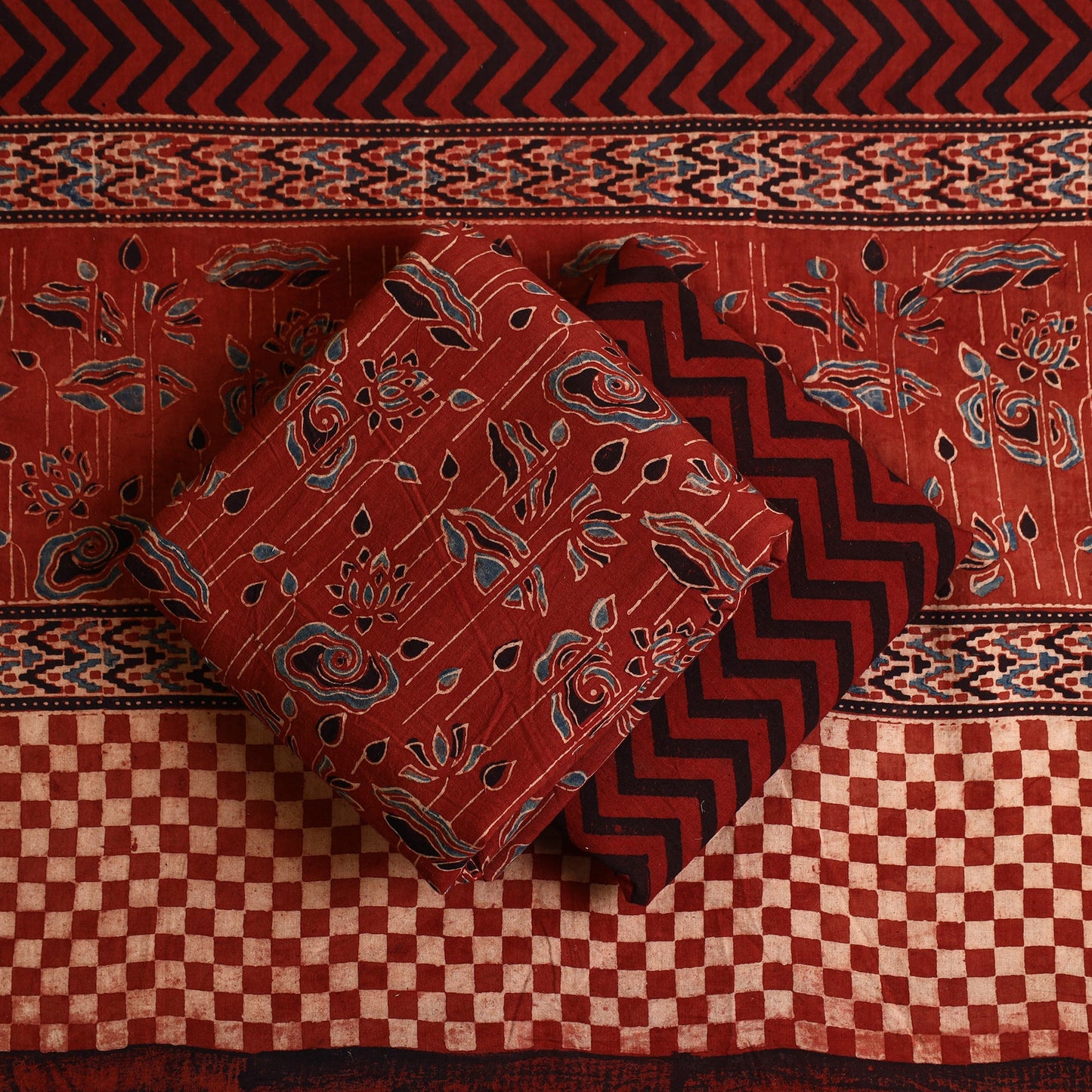 Buy 3pc Red Block Print Cotton Ajrakh Dress Material