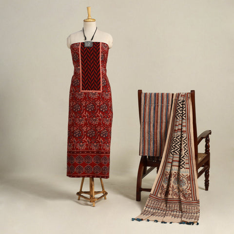 Red 3pc Block Print Natural Dyed Ajrakh Dress Material