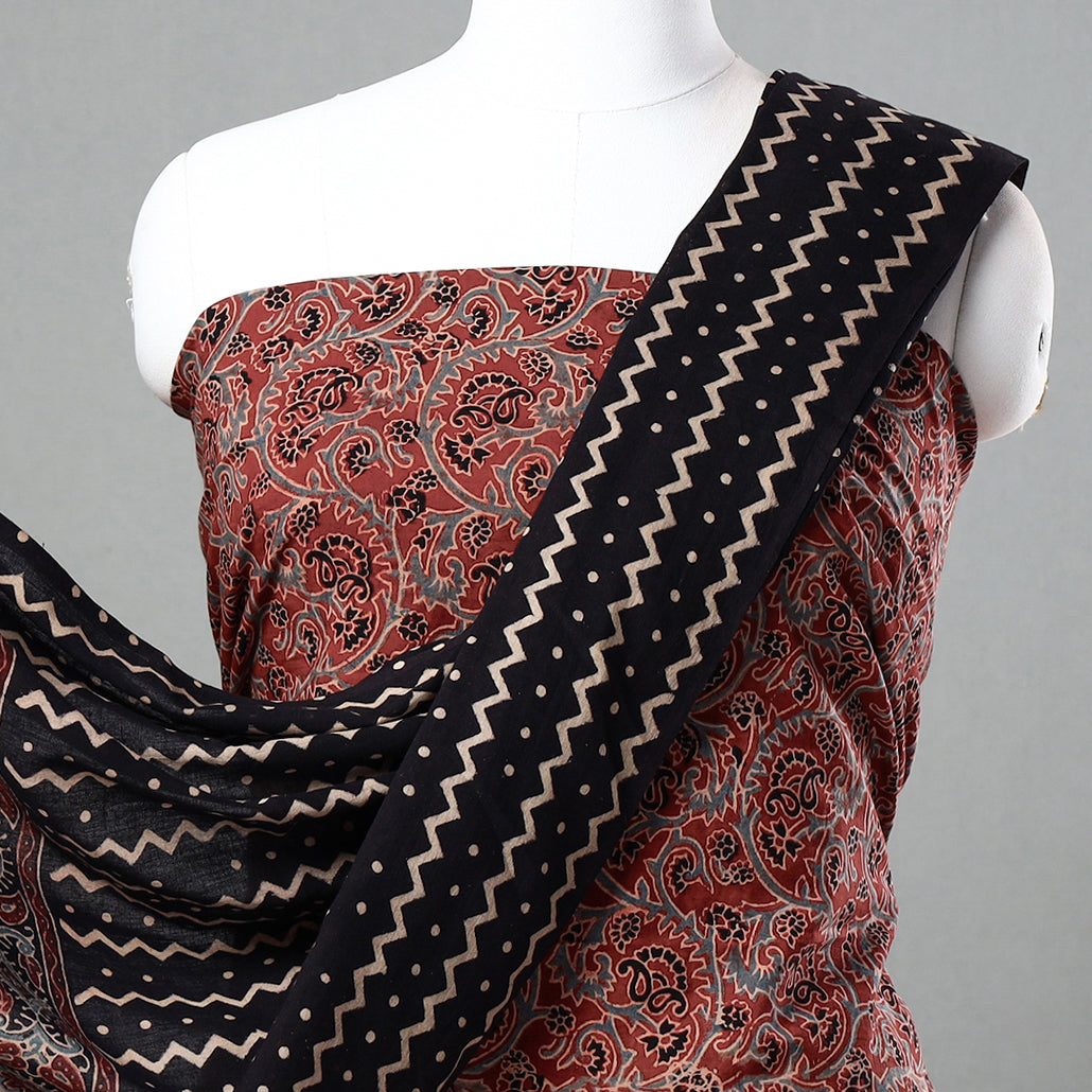  3pc Ajrakh Block Printed Natural Dyed Cotton Suit Material Set 09 