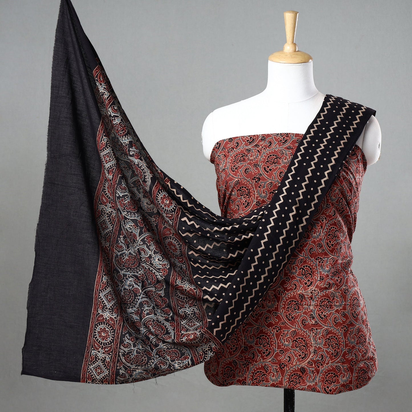  3pc Ajrakh Block Printed Natural Dyed Cotton Suit Material Set 09 