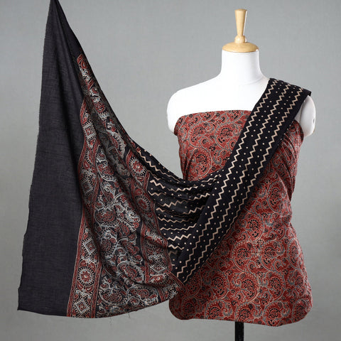  3pc Ajrakh Block Printed Natural Dyed Cotton Suit Material Set 09 