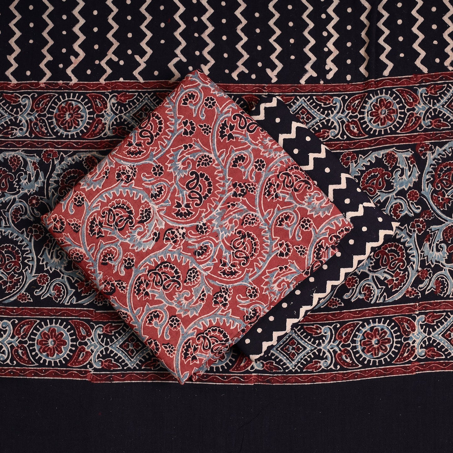  3pc Ajrakh Block Printed Natural Dyed Cotton Suit Material Set 09 