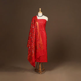 Red - 3pc silk cotton meena weaving unstitched banarasi