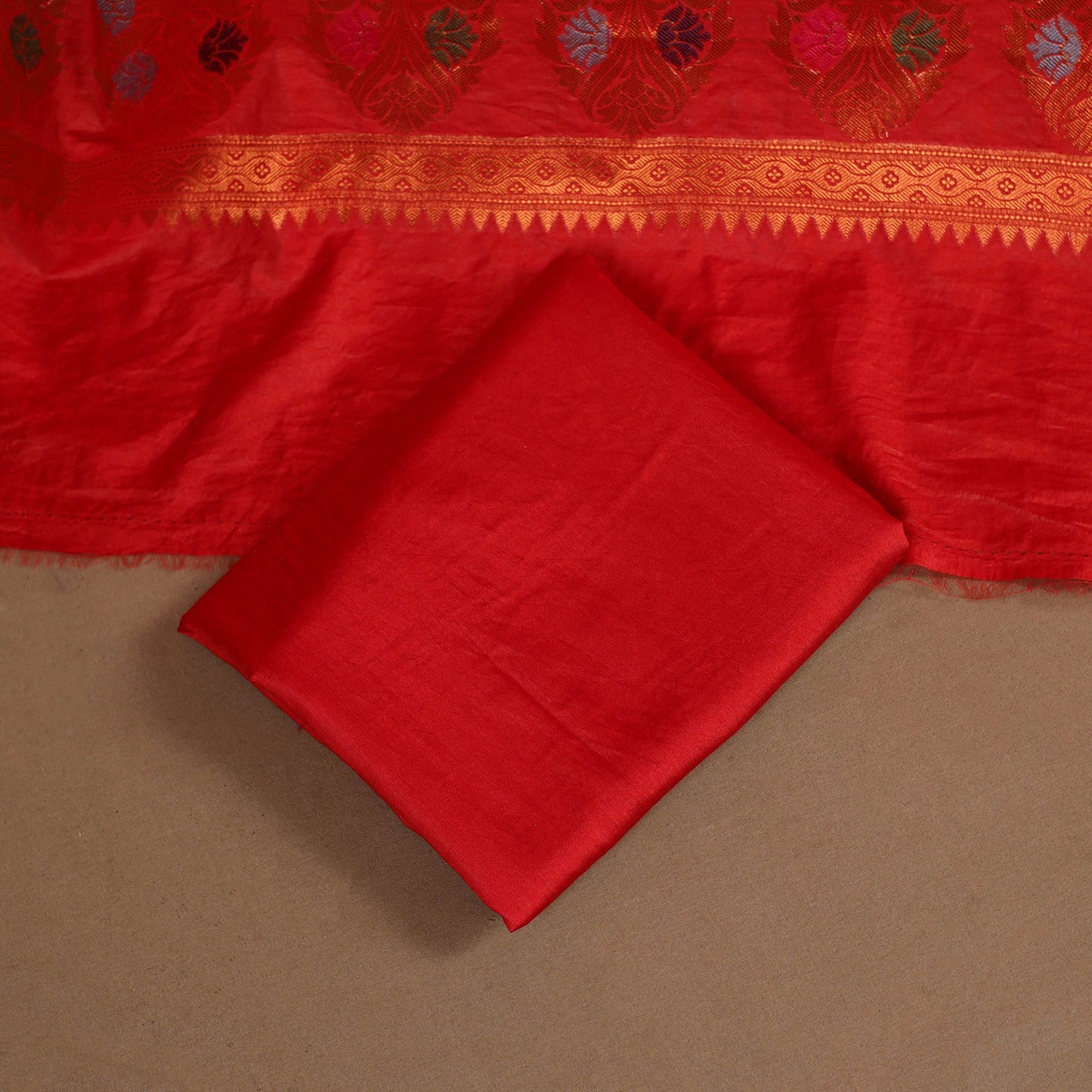 Red - 3pc silk cotton meena weaving unstitched banarasi