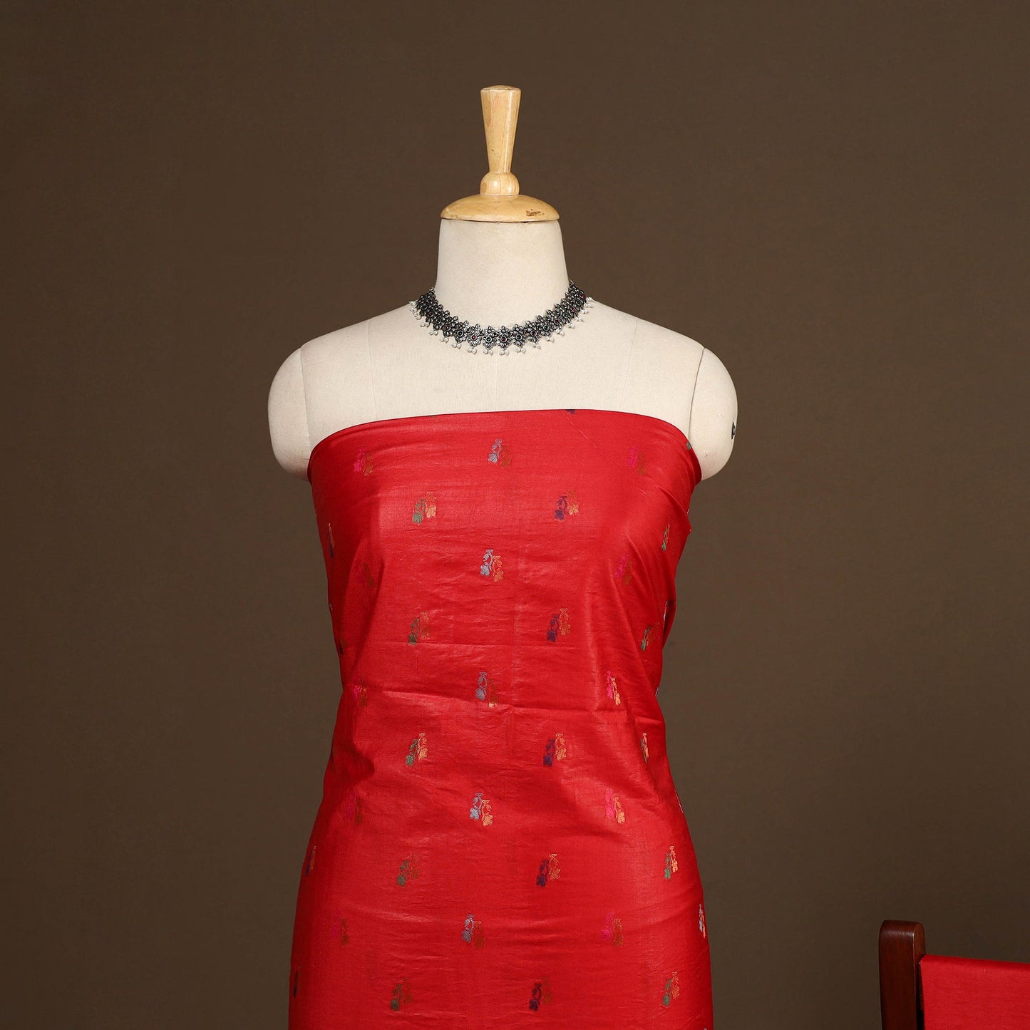 Red - 3pc silk cotton meena weaving unstitched banarasi