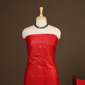 Red - 3pc silk cotton meena weaving unstitched banarasi