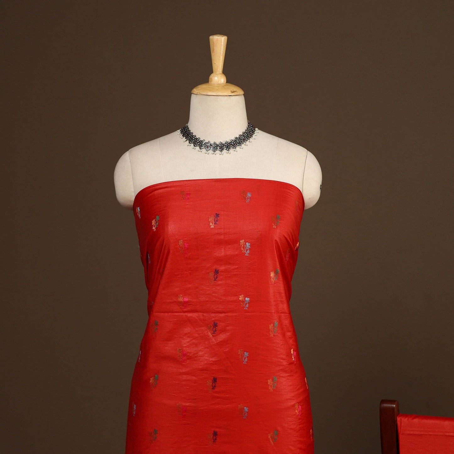 Red - 3pc silk cotton meena weaving unstitched banarasi