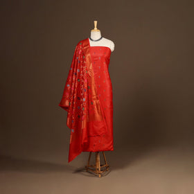 Red - 3pc silk cotton meena weaving unstitched banarasi