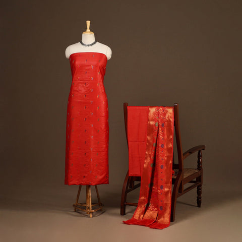 Red - 3pc silk cotton meena weaving unstitched banarasi