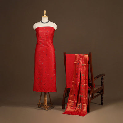 Red - 3pc silk cotton meena weaving unstitched banarasi