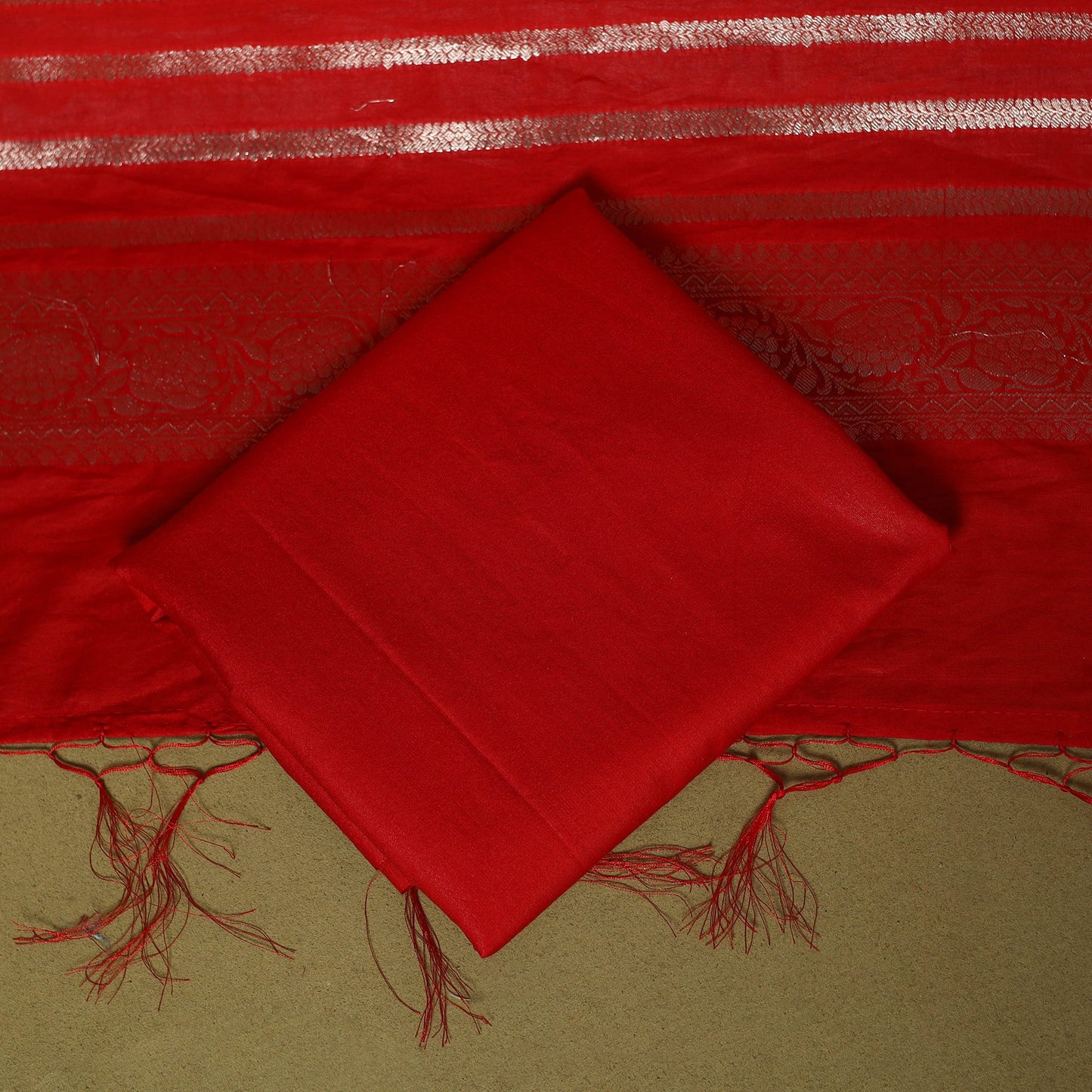 Red - 3pc tanchoi silk cotton unstitched banarasi dress