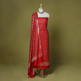 Red - 3pc tanchoi silk cotton unstitched banarasi dress