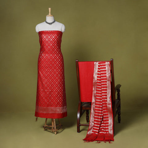 Red - 3pc tanchoi silk cotton unstitched banarasi dress