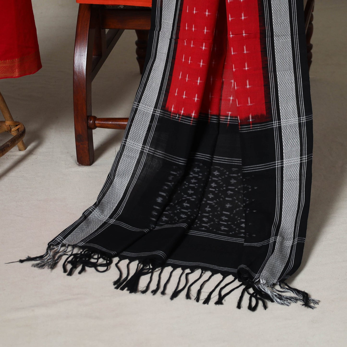 Red - 3pc unstitched plain dress material with jewellery