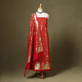 Red - 3pc zari jaal & buti silk banarasi unstitched dress