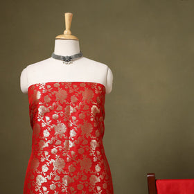 Red - 3pc zari jaal & buti silk banarasi unstitched dress