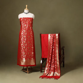 Red - 3pc zari jaal & buti silk banarasi unstitched dress
