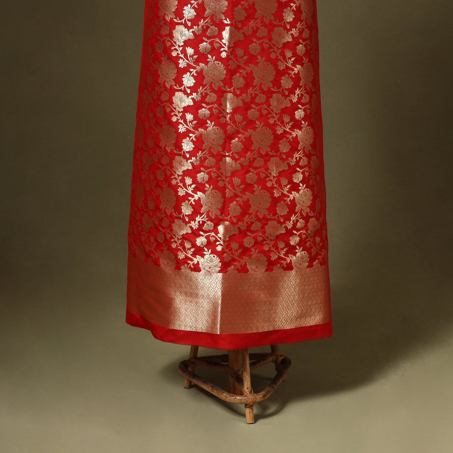 Red - 3pc zari jaal & buti silk banarasi unstitched dress