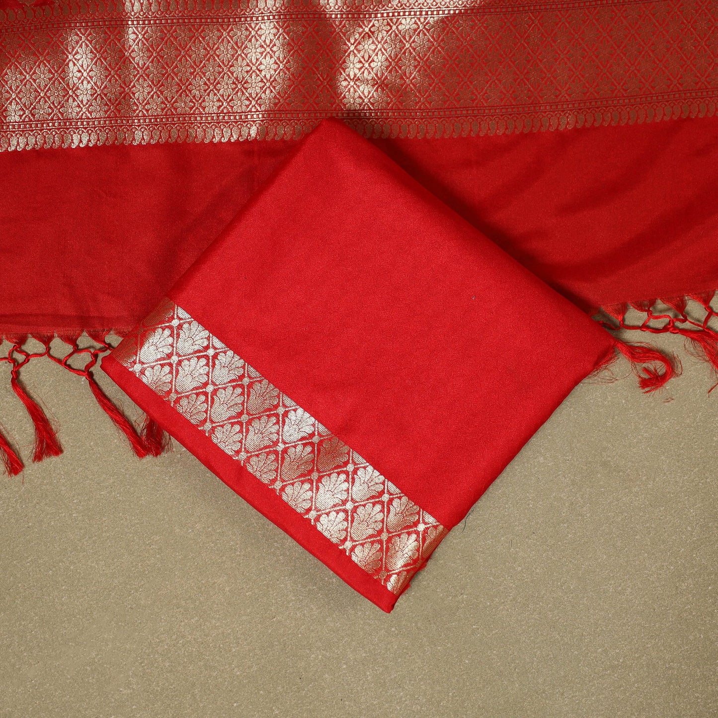 Red - 3pc zari jaal & buti silk banarasi unstitched dress