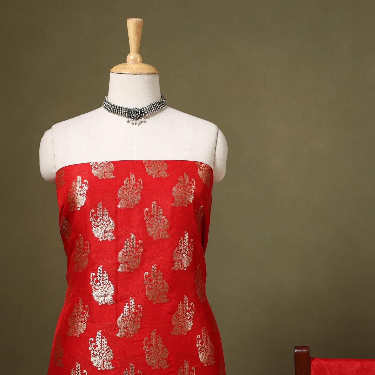 Red - 3pc zari jaal & buti silk banarasi unstitched dress