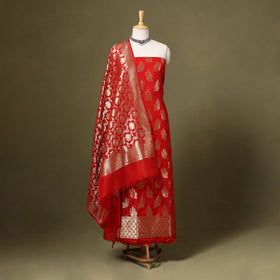 Red - 3pc zari jaal & buti silk banarasi unstitched dress