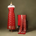 Red - 3pc zari jaal & buti silk banarasi unstitched dress