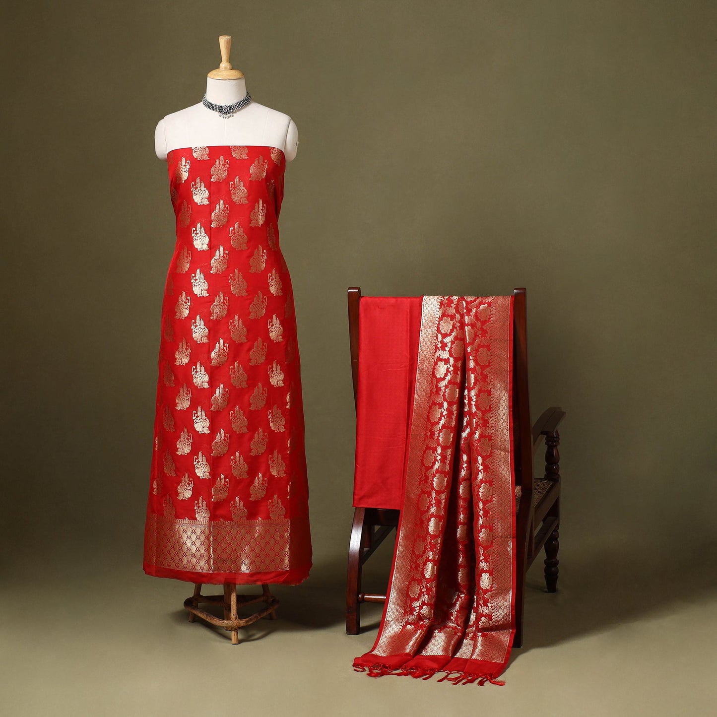 Red - 3pc zari jaal & buti silk banarasi unstitched dress