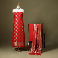 Red - 3pc zari jaal & buti silk banarasi unstitched dress