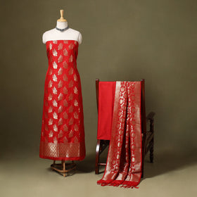Red - 3pc zari jaal & buti silk banarasi unstitched dress