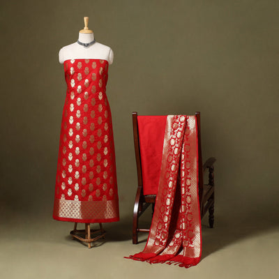 Red - 3pc zari jaal & buti silk banarasi unstitched dress
