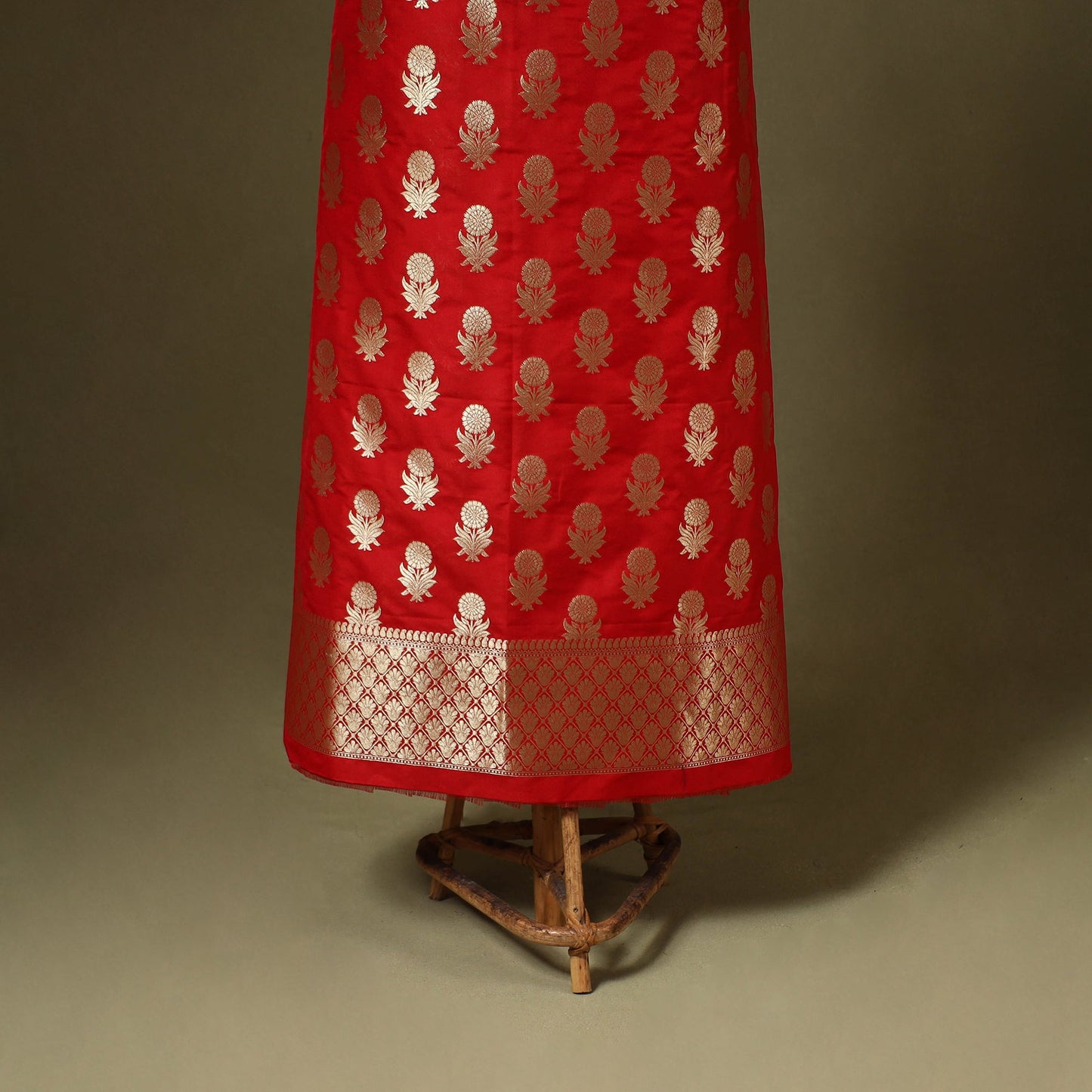 Red - 3pc zari jaal & buti silk banarasi unstitched dress