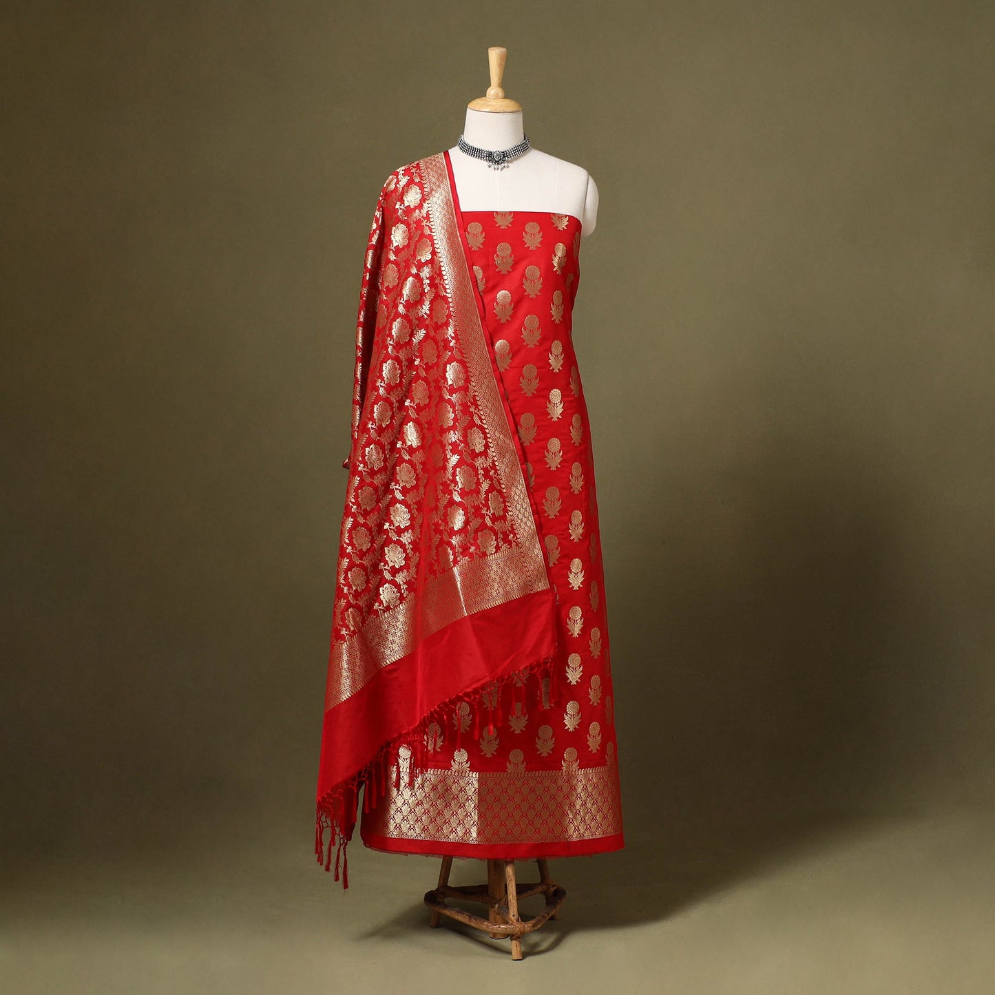 Red - 3pc zari jaal & buti silk banarasi unstitched dress