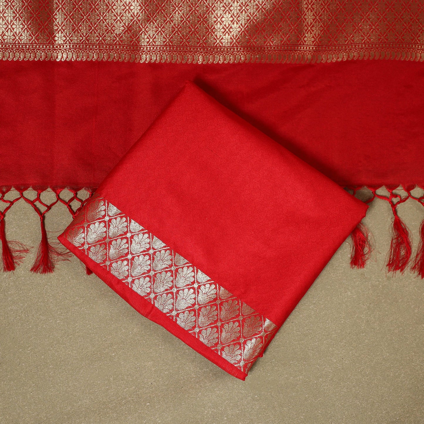 Red - 3pc zari jaal & buti silk banarasi unstitched dress