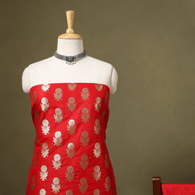 Red - 3pc zari jaal & buti silk banarasi unstitched dress