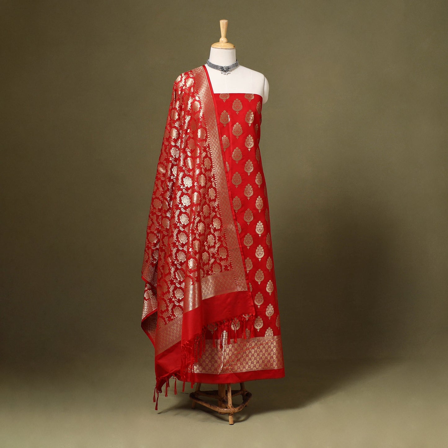 3pc Zari Jaal & Buti Silk Banarasi Dress Material