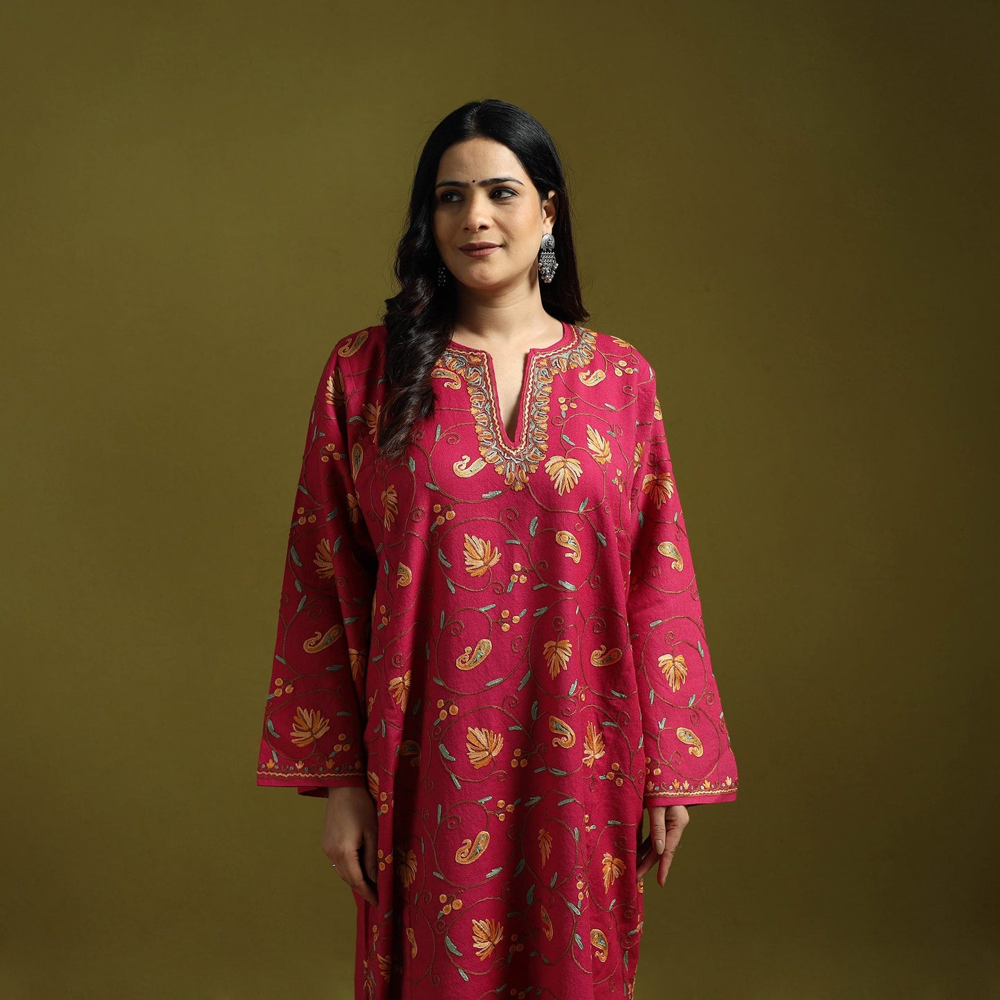 Red - aari heavy hand embroidery kashmiri merino wool