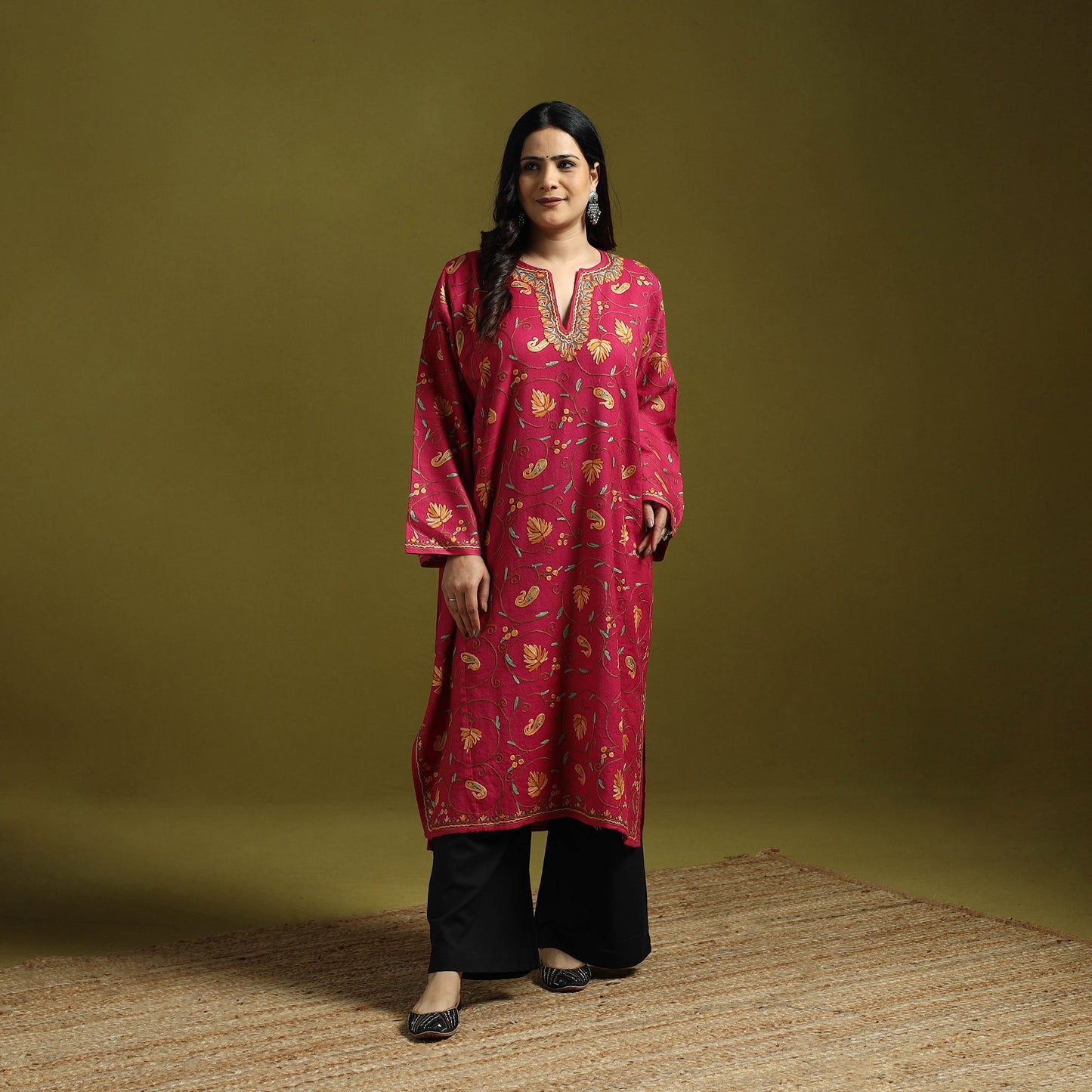 Red - aari heavy hand embroidery kashmiri merino wool