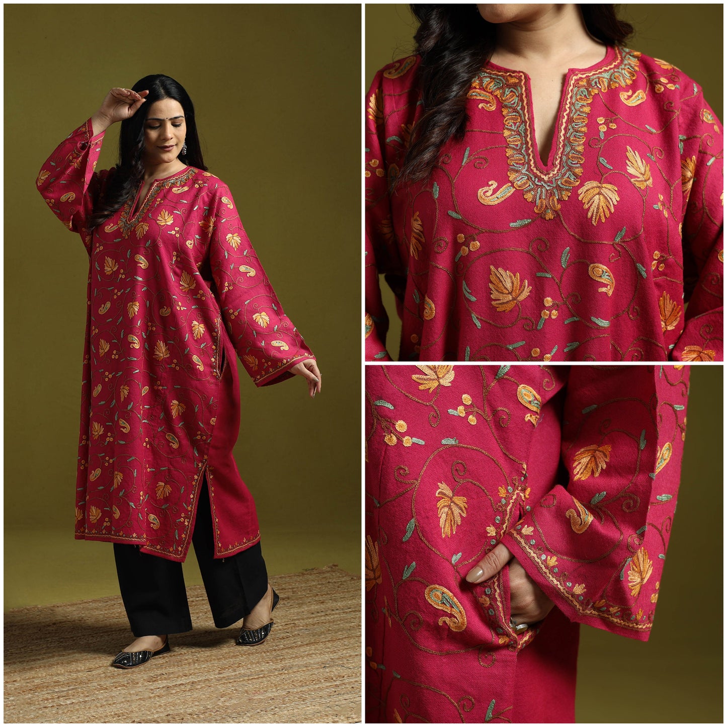 Red - aari heavy hand embroidery kashmiri merino wool