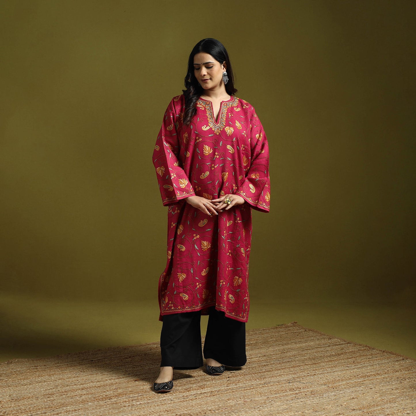 Red - aari heavy hand embroidery kashmiri merino wool