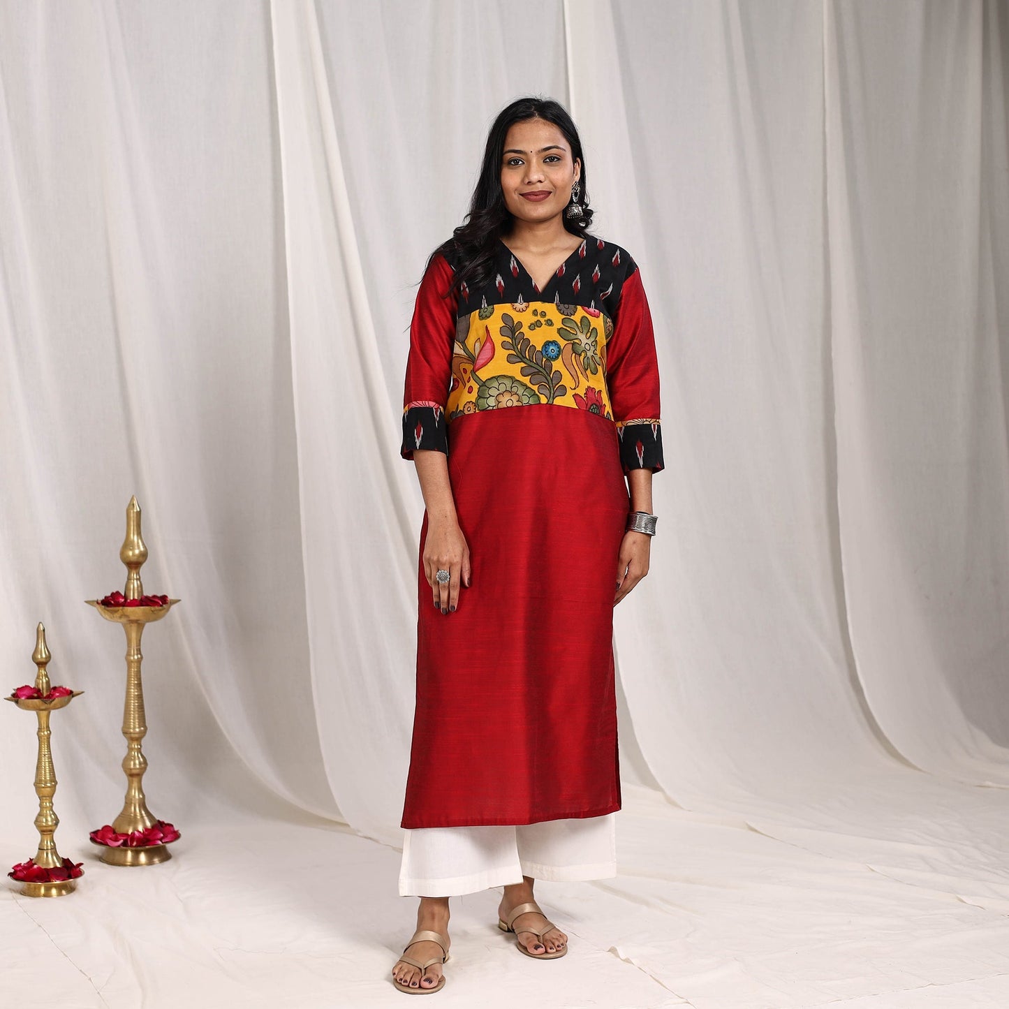 Maroon - Aarushi Slub Silk Straight Plain Kurta with Patchwork