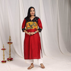 Maroon - Aarushi Slub Silk Straight Plain Kurta with Patchwork